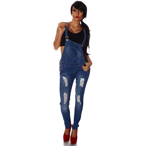 10697 Fashion4Young Damen Latzhose Hose pants mit Träger Röhren Jeans Overall Jeanshose Trägerhose (XS=34, Blau)