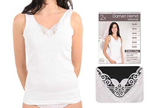 8 Stück Damen-Vollachsel Unterhemden weiß mit Spitze, 100% supergekämmte Baumwolle , Gr.: 48/50 …