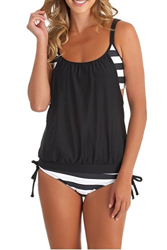 Baddi Women's Stripe Bikini Set Tankini Swimsuit Swimwear Beachwer 2 Pieces, Schwarz, Tag size XL