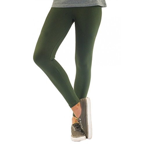 Blickdichte Damen Leggings aus Baumwolle Leggins Knöchellang in schwarz weiß grün grau rot gelb, Farbe: Dunkelgrün, Größe: 40-42