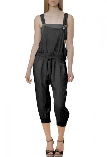 CASPAR Damen leichte Casual Leinen Sommer Hose / Latzhose / Jumpsuit - viele Farben - KHS005, Farbe:schwarz;Größe:36 S UK8 US6