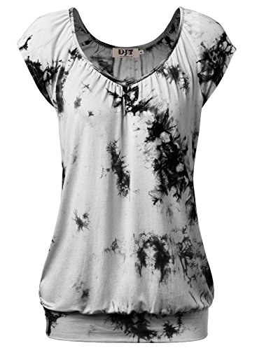 DJT Damen Casual Tunika Kurzarm T-Shirt Falten Tops mit Stretch V-ausschnitt Tie-Dye Grau-Schwarz L