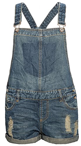 Damen Latzhose kurze Latz Hose Jeans Short Used Look dunkel blau B196 [B196-Blau-Gr.S]