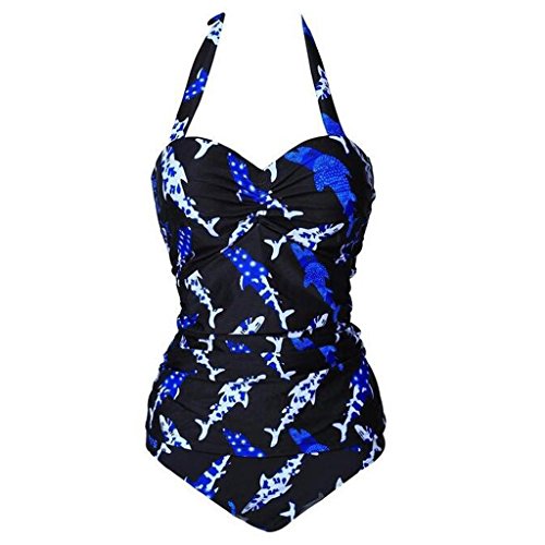 GWELL Damen Elegant Blau Einteiler Push Up V-schnitt Badeanzug Schwimmanzug Bademode L
