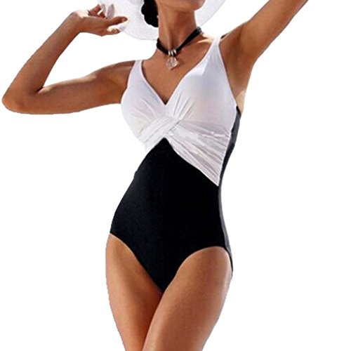 GWELL Frauen Vintage Elegant Plus Size Einteiler Push up V-schnitt Badeanzug Schwimmanzug Mehrfärbig Bademode weiß 2XL