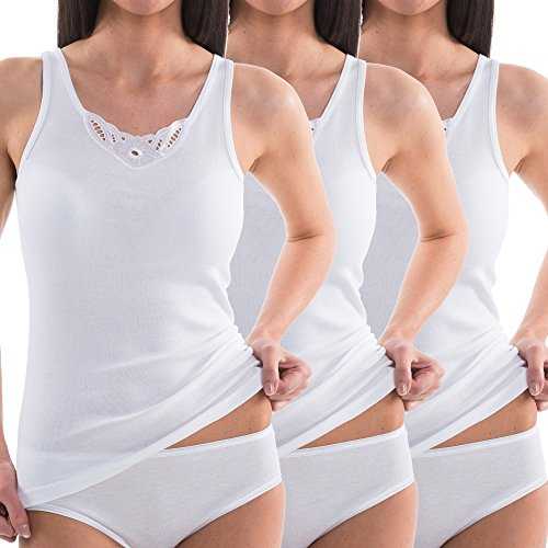 HERMKO 1440 3er Pack Damen Unterhemd mit Spitze aus 100% Baumwolle, Achselhemd kochfest, Farbe:weiß, Größe:48 (XL)
