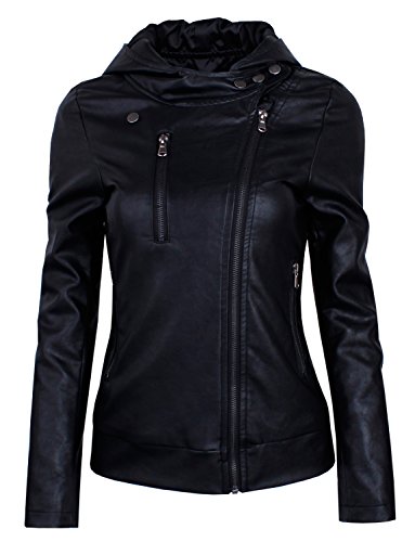 HRYfashion Damen stylische Lederjacke Hoodie mit Reissverschluss HRYPJW01-BLACK-US L