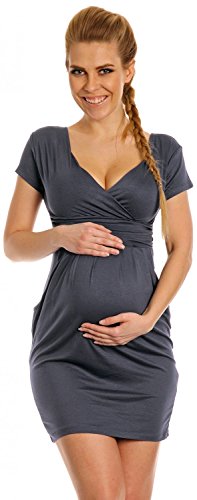 Happy Mama. Damen Umstands-Kleid. Schwangerschafts Tulpenkleid mit Taschen. 806p (Blau Grau, EU 42, XL)