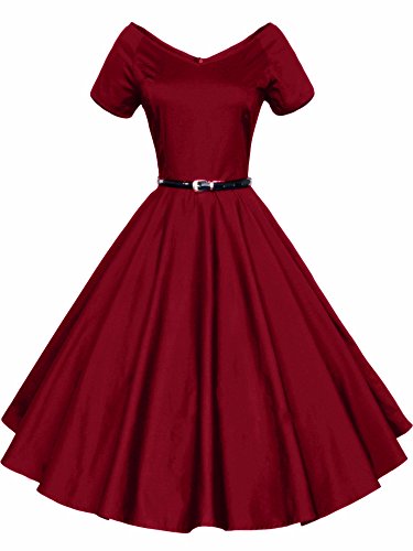 LUOUSE 40s 50s 60s Vintage V-Ausschnitt Schwingen Rockabilly Pinup Ballkleid Partei Kleid,WineRed,S