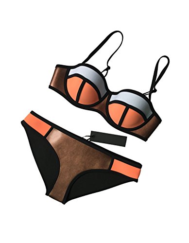 MUXILOVE Neoprene Damen Sport bunt Push up Basketball mit Trägern Neopren Bademode Bikini-Sets Gold Medium