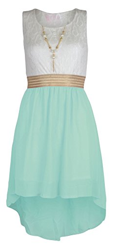 Mädchen ärmelloses Taille Band asymmetrisch Chiffon-Kleid mit Halskette, Grün - Mint, 13 years