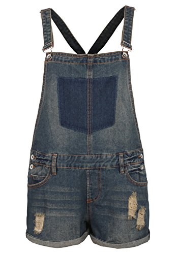 SUBLEVEL Kurze Damen Jeans Latzhose im Used-Look Latzshorts mit Destroyed Parts dark blue M