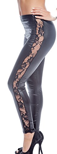 jowiha® Sexy Damen Leggings mit Spitze Wetlook Lack Leder Optik 40-42
