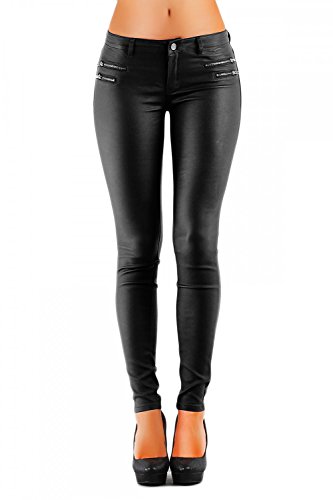 Damen Jeans Hose Hüfthose Lederimitat Kunstlederhose Skinny (No:323), Grösse:38, Farbe:Schwarz