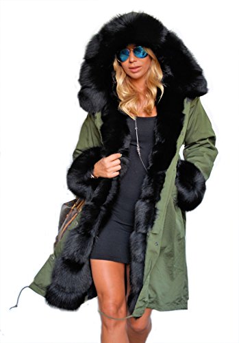 Roiii Frauen-Winter warme starke Kunstpelzmantel Kapuze Parka Long Jacket Größe 44-54 (48, Armeegrün001)