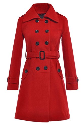 TOOGOO(R)Frau Stehkragen schlank doppelreihig Mantel Wolljacke beruflich Winter-lange Mantel Oberbekleidung Rot-XL
