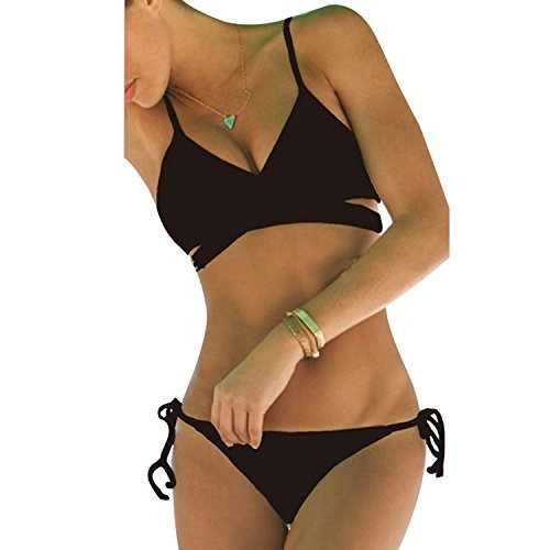 THINKBEST Damen Sport Freizeit Wassersport Schwimmen Push-up Bikini Sets Bademode Swimwear Schwarz UK(10-12)