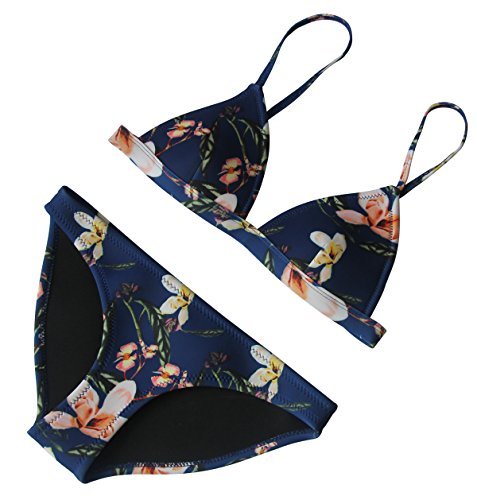 MUXILOVE Damen Blumen Triangel Sommer Neopren Bikini Beachwear Bademode Blau Medium