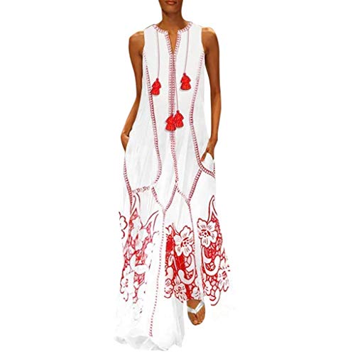 Lulupi Damen Kleider Boho Vintage Sommerkleid V-Ausschnitt Ärmelloses Ethnisch Print Strandkleider Leinenkleid Geblümtes…