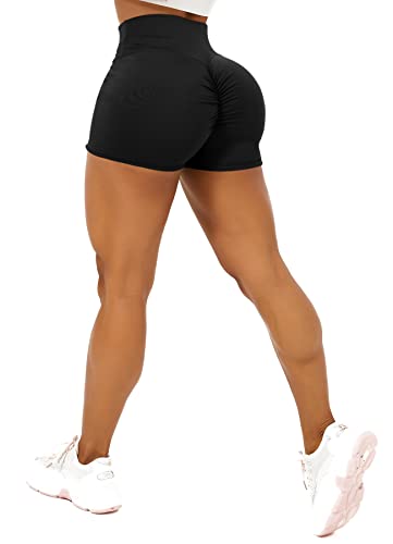 TZLDN Damen Scrunch Kurze Leggings - Push Up Geraffte Shorts Tights Laufhosen für Sport Yoga Fitness Radfahren Workout A01 Schwarz S