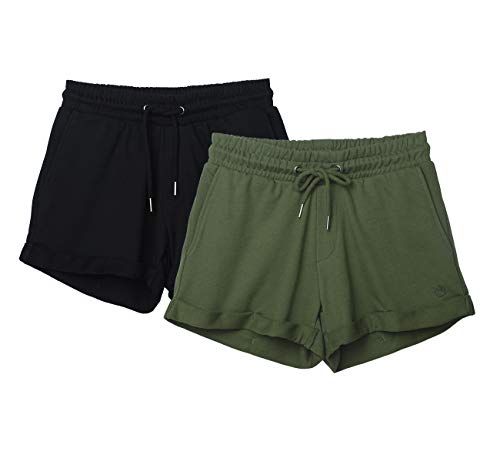 icyzone Damen Shorts Kurze Sporthose Jogginghose Atmungsaktiv Laufshorts Gym Fitness Shorts 2er Pack (M, Black/Green)