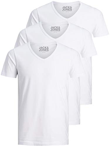 Jack and Jones Herren T-Shirt Basic V-Ausschnitt 3er Pack Einfarbig Slim Fit in Weiß Schwarz Blau Grau