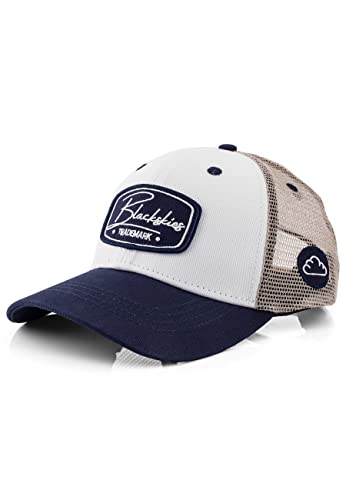 Blackskies Race Baseball Cap | Herren Damen Schirm Premium Snapback Trucker Mütze Kappe Basecap Kappe Weiß-Navy-Sand