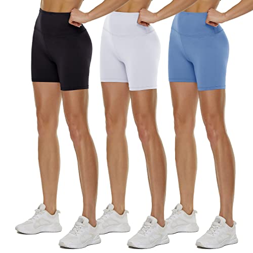 TNNZEET 3er Pack Radlerhose Damen High Waist Shorts Blickdicht Kurze Sporthose Leggings für Sport(Hellblau/Schwarz/Weiß, S-M)