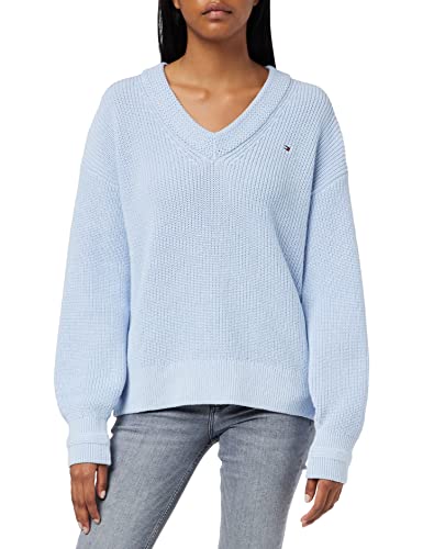 Tommy Hilfiger Damen V-NK Sweater Cotton Rib Knit Pullover, Breezy Blue, XL